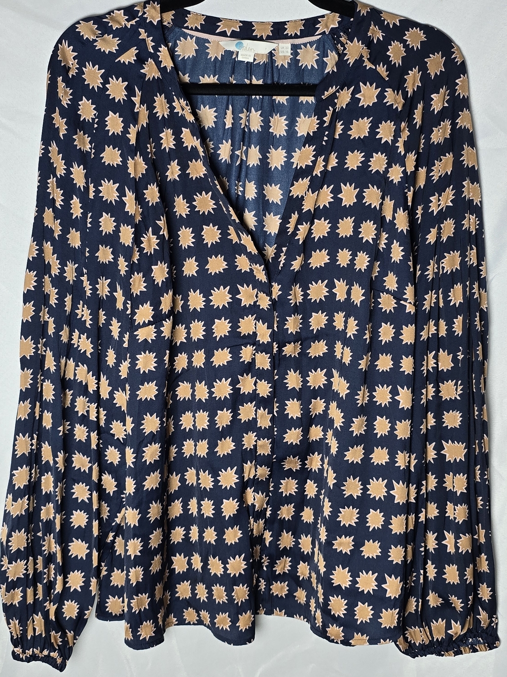 Boden Navy Blouse with Tan Starburst Pattern V Neck Button Front,  Sz 16